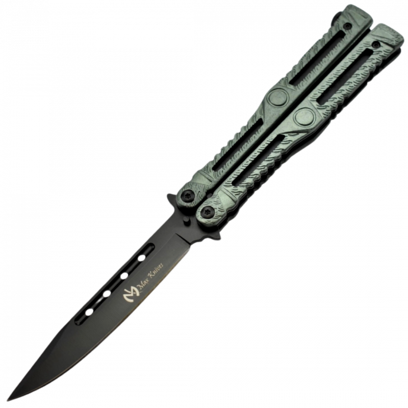 MAXKNIVES - P47 - Couteau papillon lame acier 3CR13 manche aluminium anodise vert