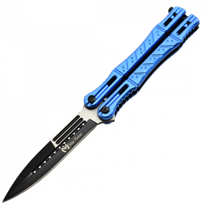 MAXKNIVES - P45 - Couteau papillon lame acier 3CR13 manche aluminium anodise bleu